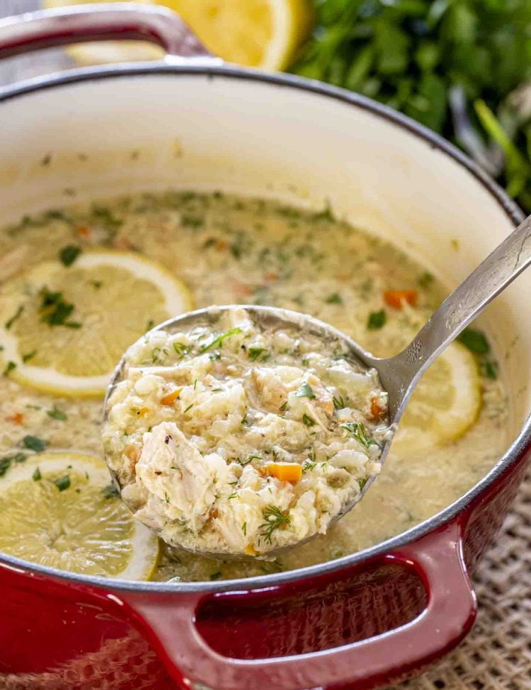 freshly made avgolemono soup in a red dutch oven garnished with lemon slices and fresh dill.