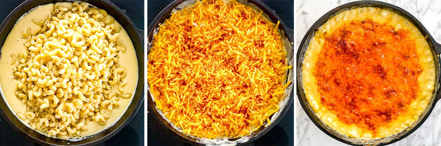 process shots showing how to make baked mac and cheese.