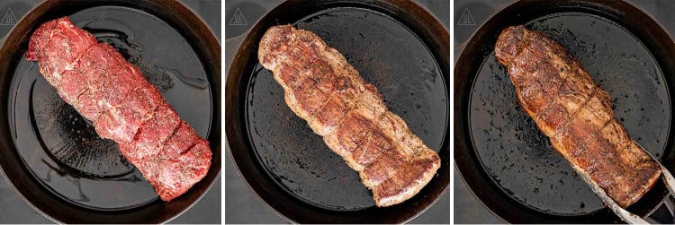 process shots showing how to sear a beef tenderloin.