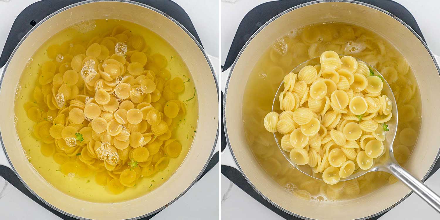 process shots showing how to make broccoli pasta.