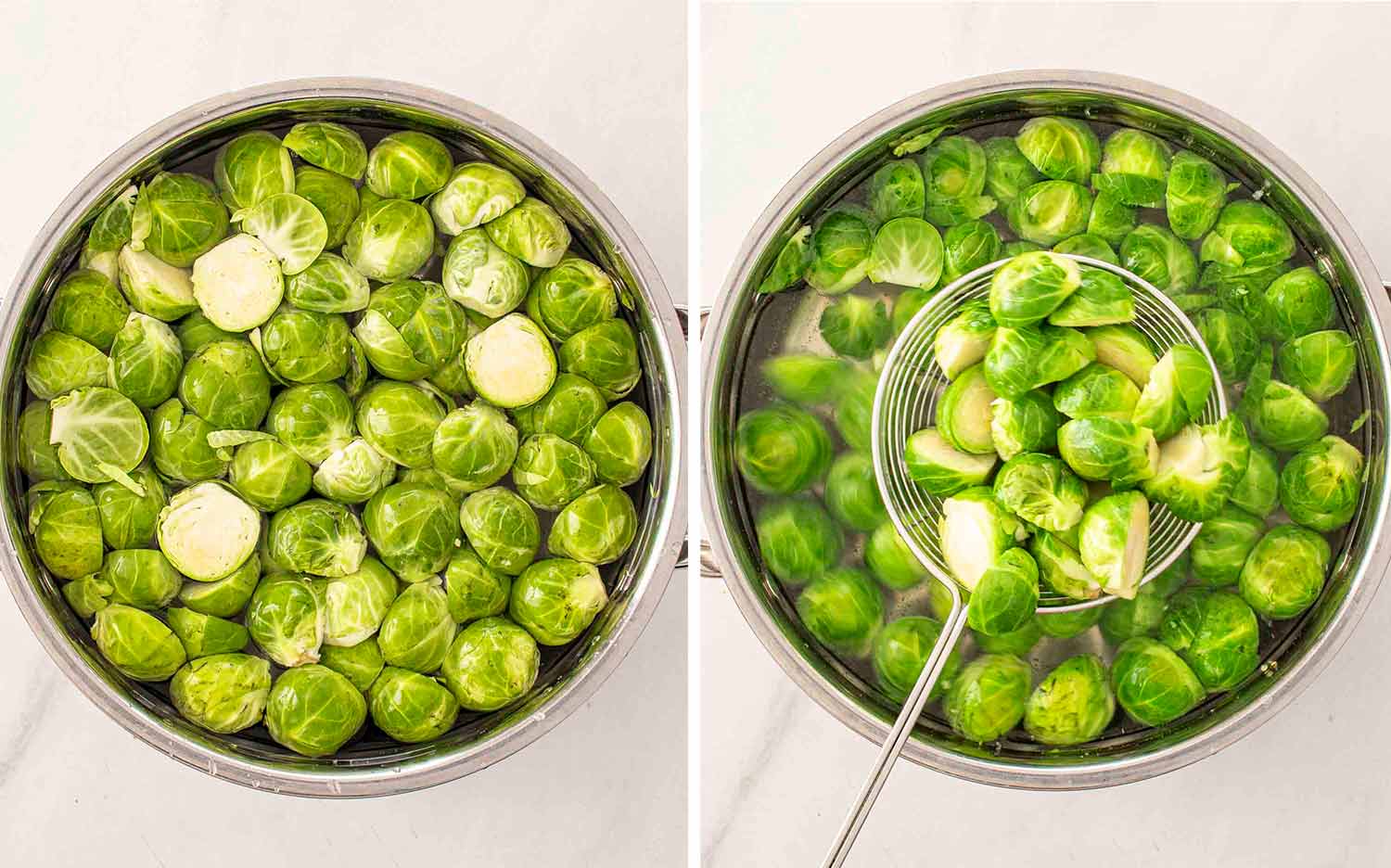 process shots showing how to make brussels sprouts gratin.