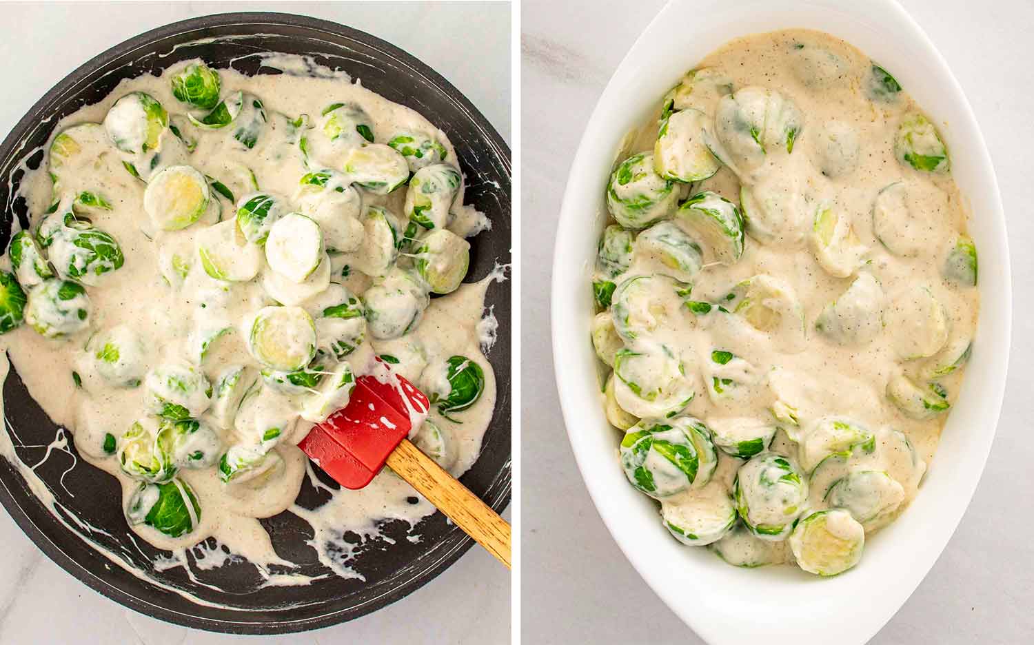 process shots showing how to make brussels sprouts gratin.