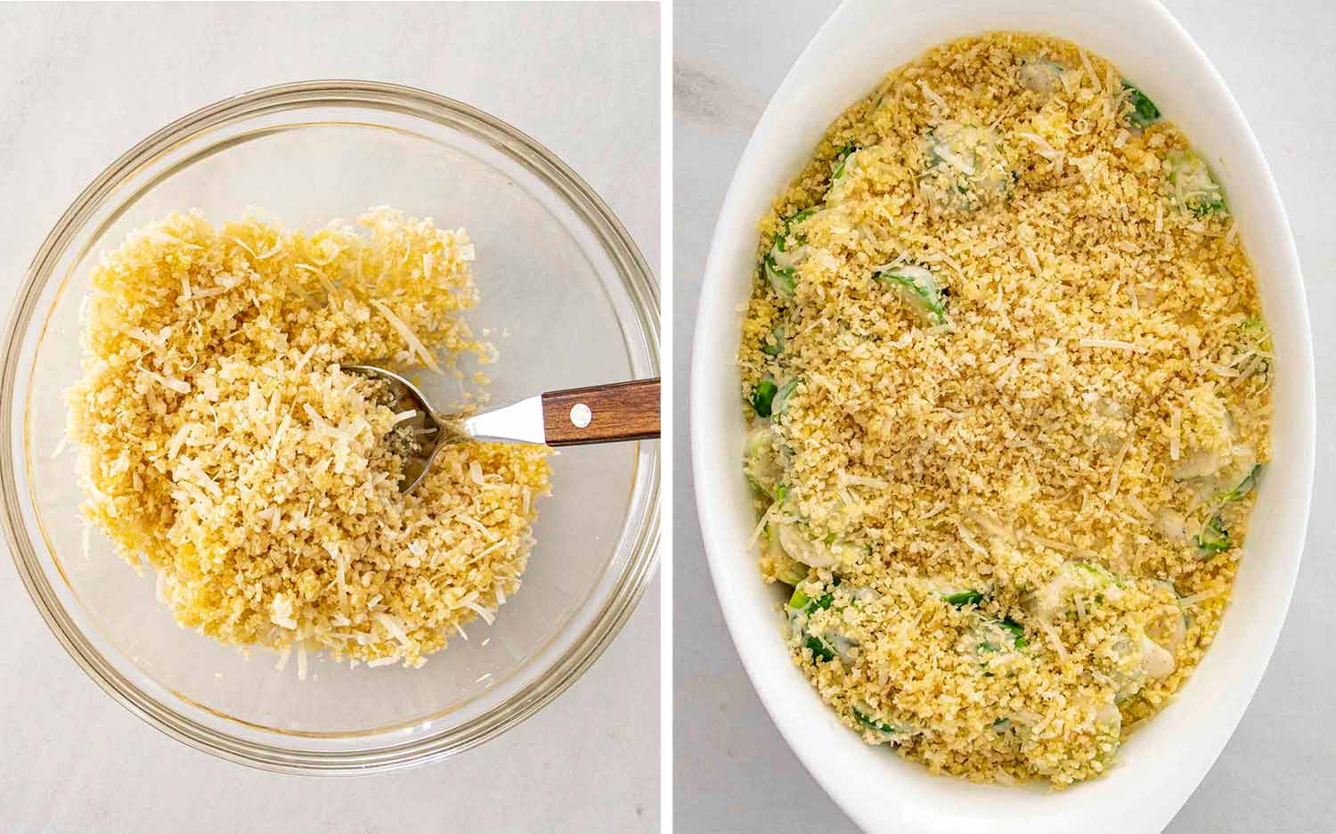 process shots showing how to make brussels sprouts gratin.