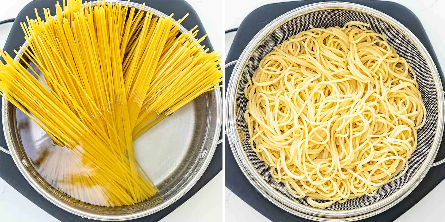process shots showing how to make california spaghetti salad.