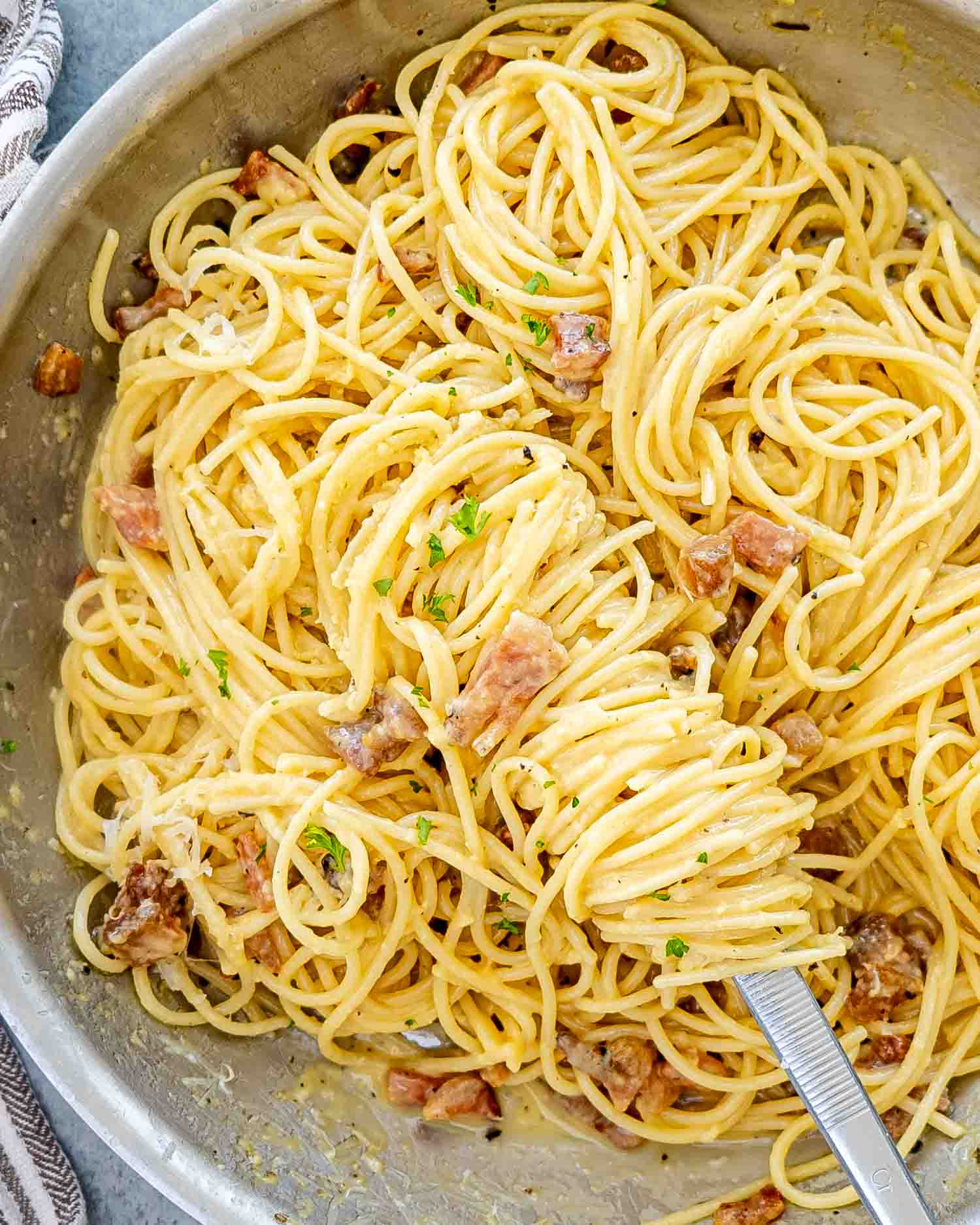 freshly made carbonara in a skillet.