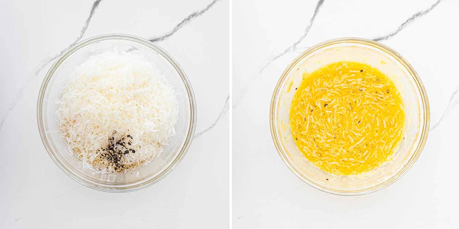 process shots showing how to make carbonara.