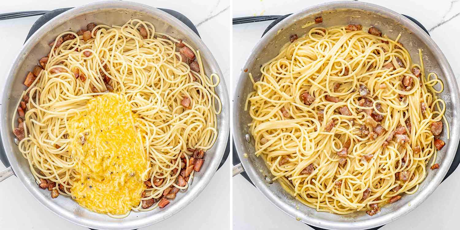 process shots showing how to make carbonara.