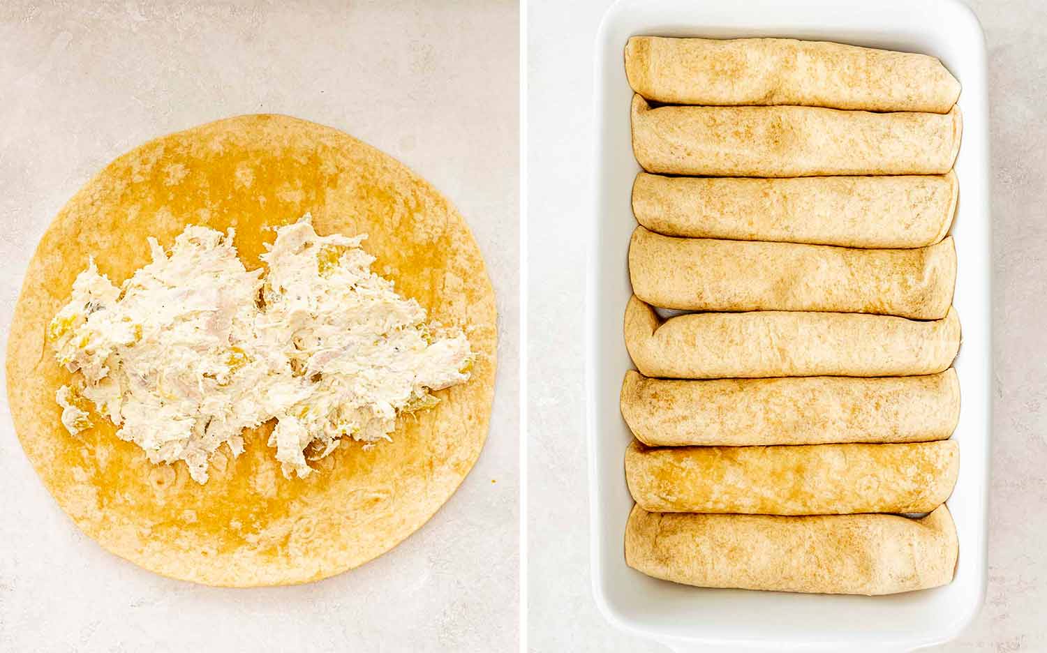 process shots showing how to make chicken enchiladas.