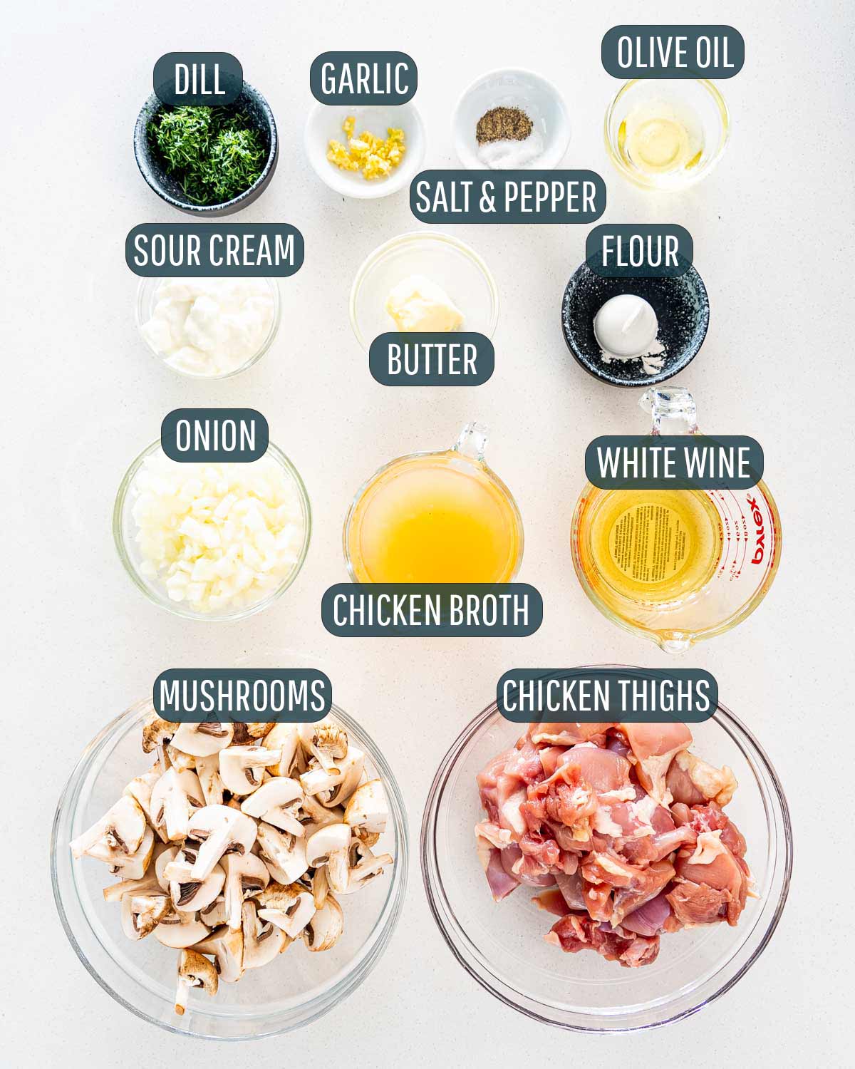 ingredients needed to make chicken and mushrooms in creamy dill sauce.