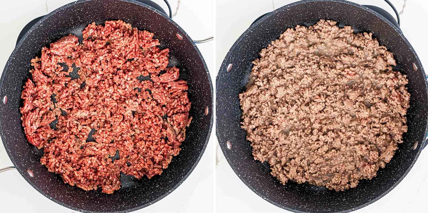 process shots showing how to make chili mac and cheese.