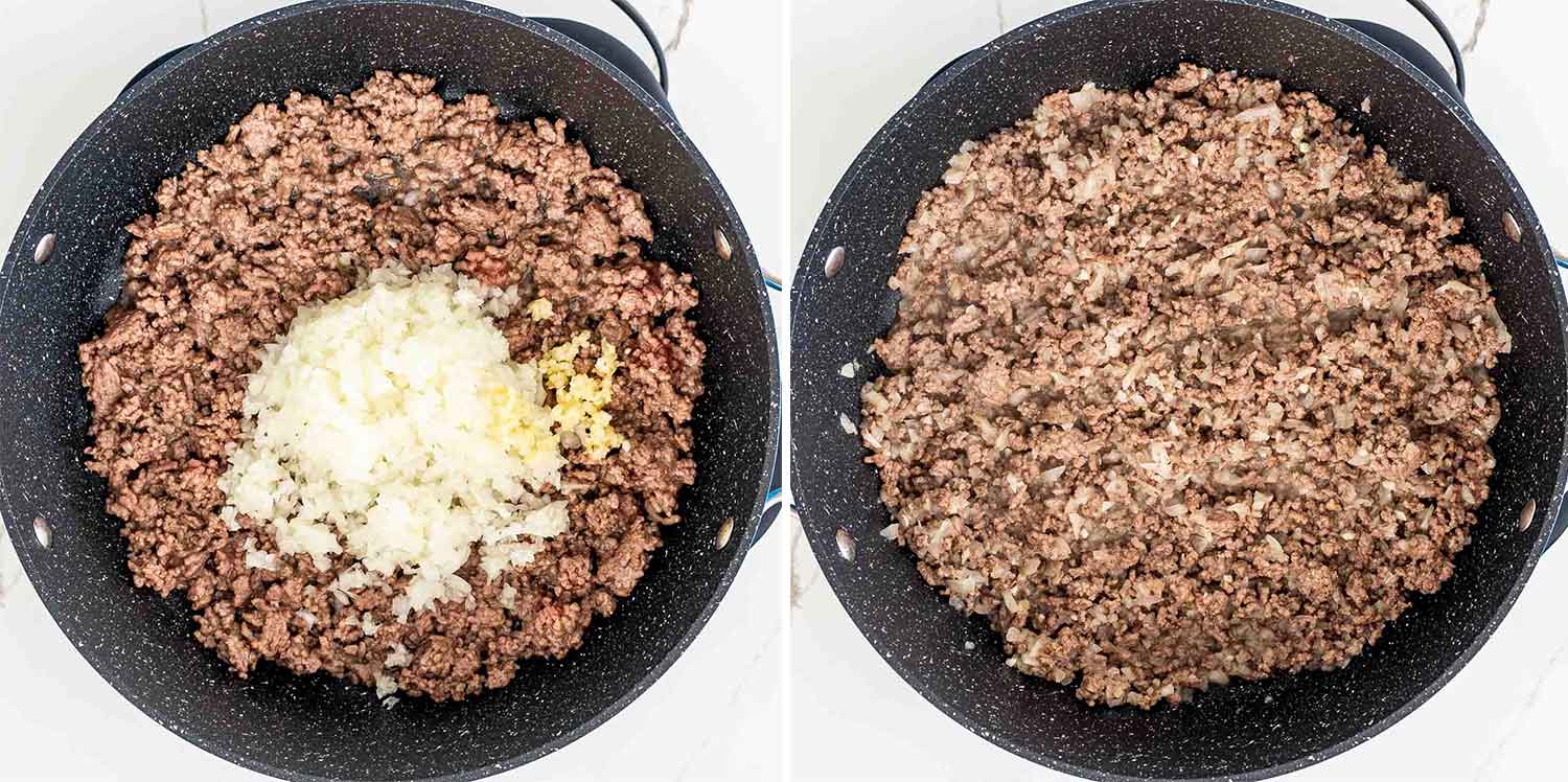 process shots showing how to make chili mac and cheese.