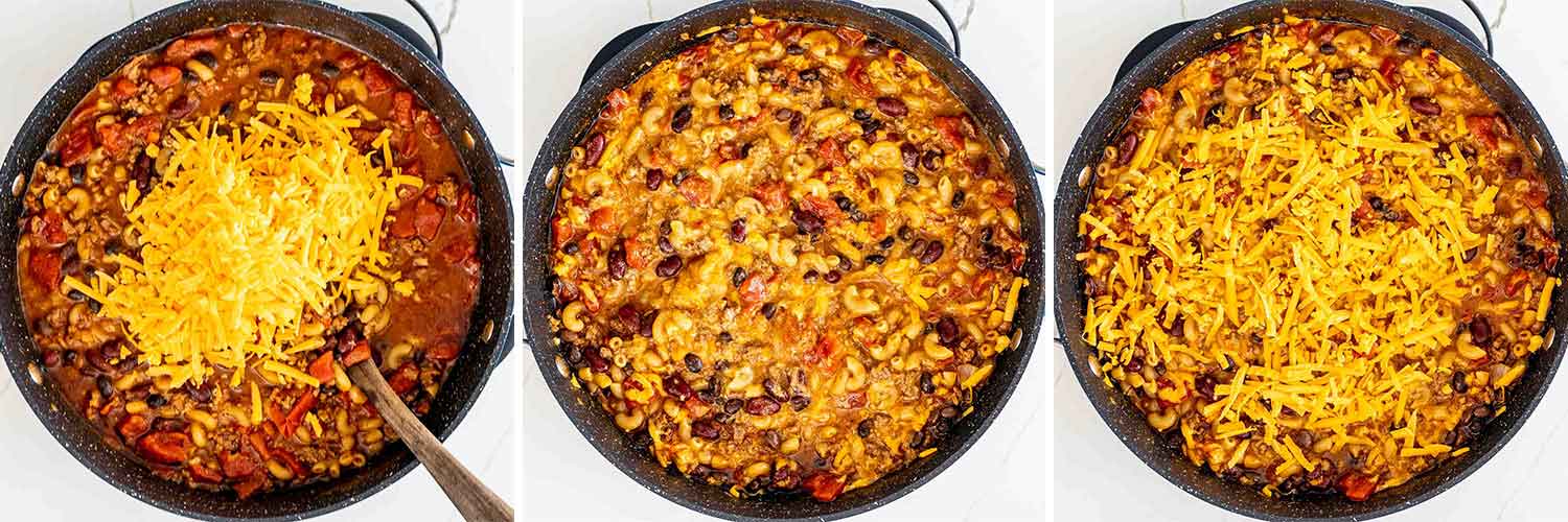 process shots showing how to make chili mac and cheese.