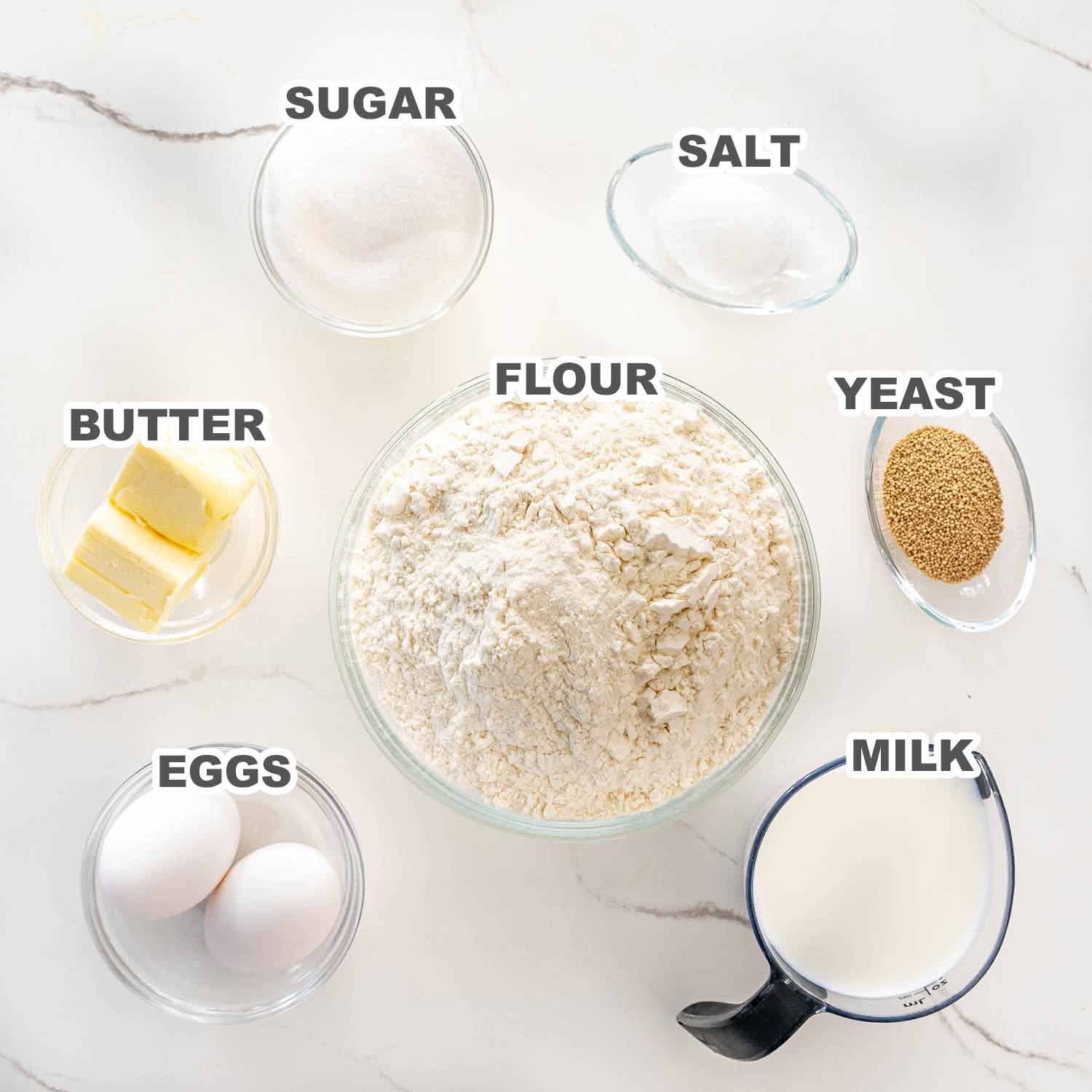 ingredients needed to make cinnamon rolls.