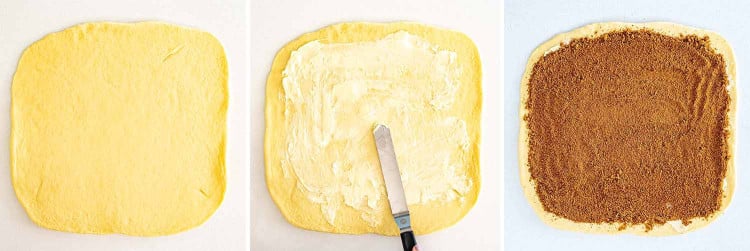 process shots showing how to make cinnabon cinnamon rolls.