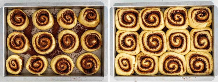 process shots showing how to make cinnabon cinnamon rolls.