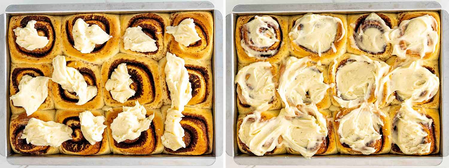 process shots showing how to make cinnabon cinnamon rolls.