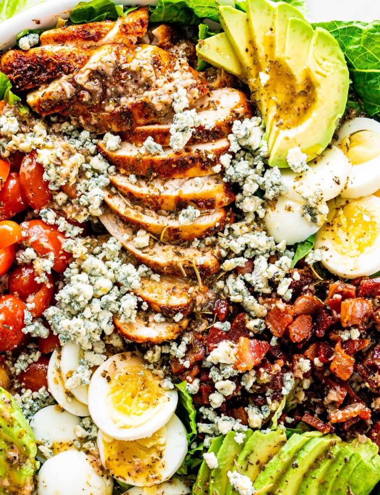 close up overhead shot of cobb salad