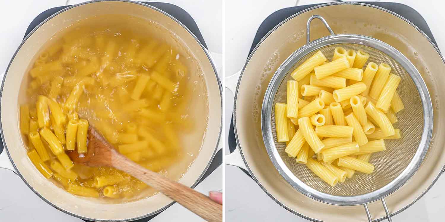 process shots showing how to make creamy italian sausage pasta.