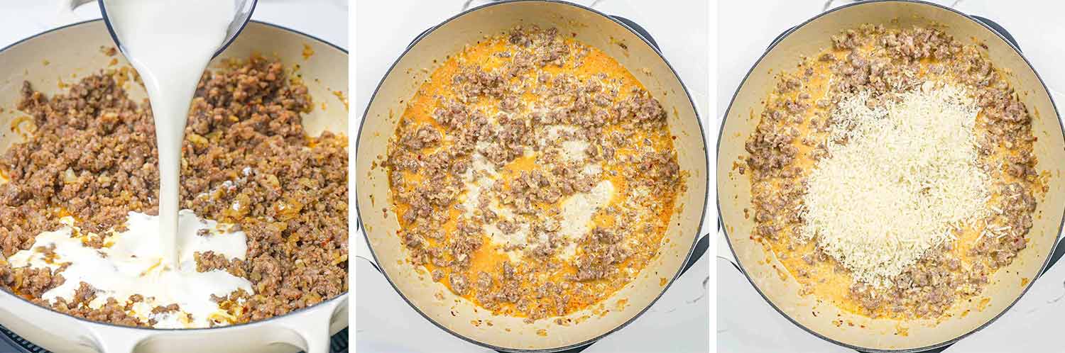 process shots showing how to make creamy italian sausage pasta.