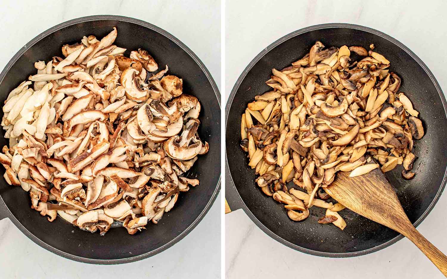 process shots showing how to make creamy parmesan polenta with mushrooms.