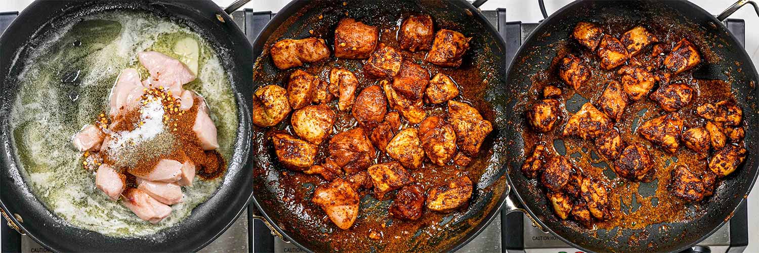 process shots showing how to cook chicken for creamy tomato chicken pasta.