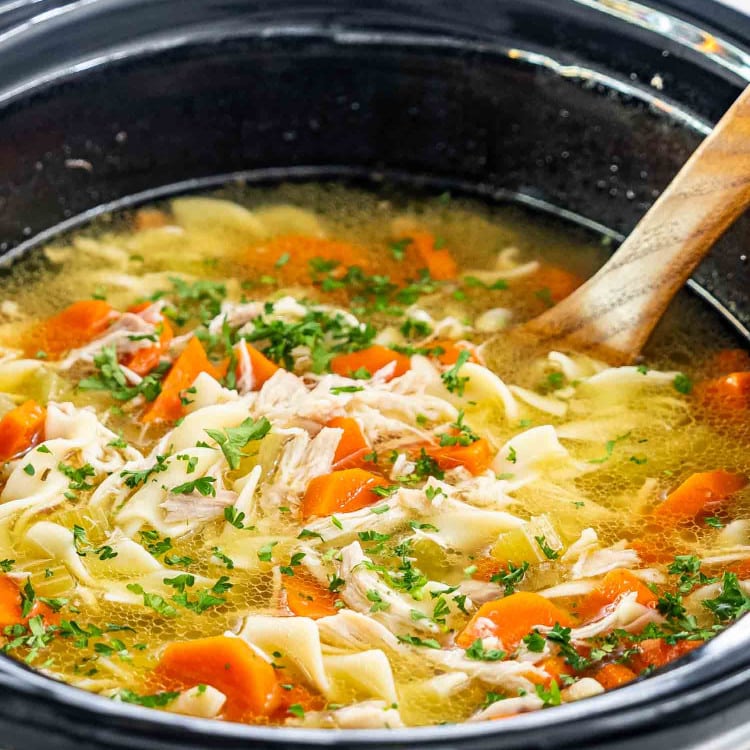 chicken noodle soup in a crockpot.