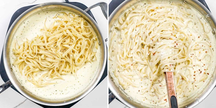 process shots showing how to make fettuccine alfredo.