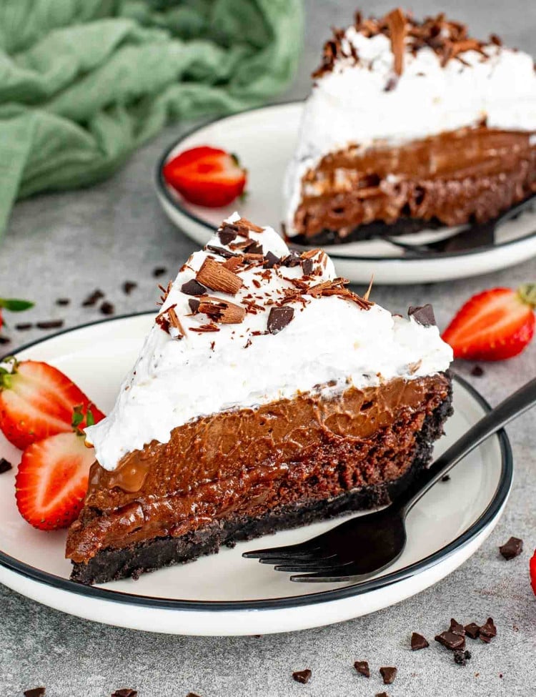 a slice of mississippi mud pi on a white plate.