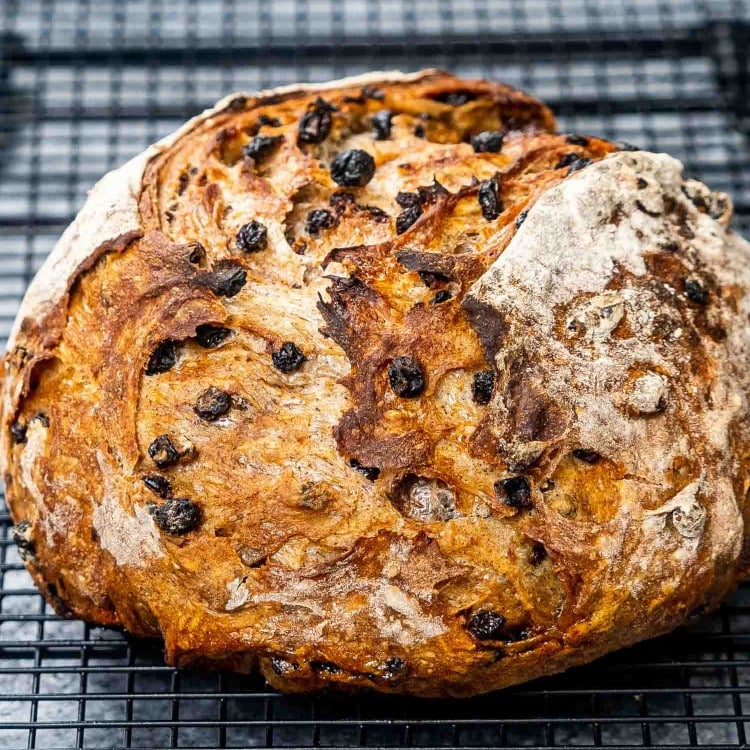 a no knead cinnamon raisin bread cooling on a black cooling rack.