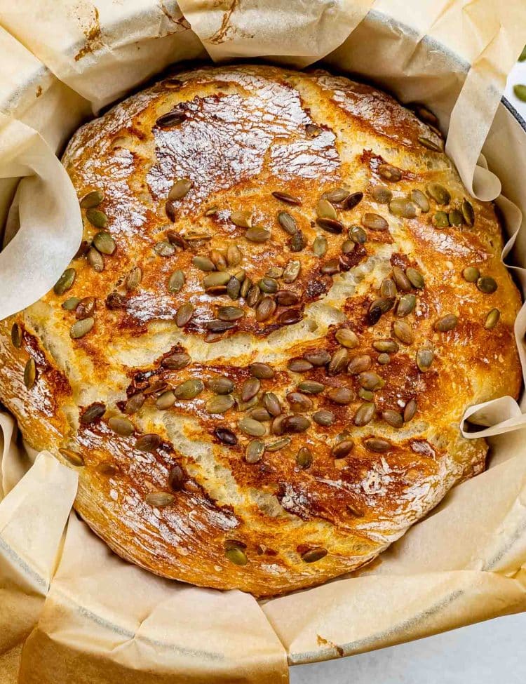 no knead potato bread fresh out of the oven in a dutch oven.