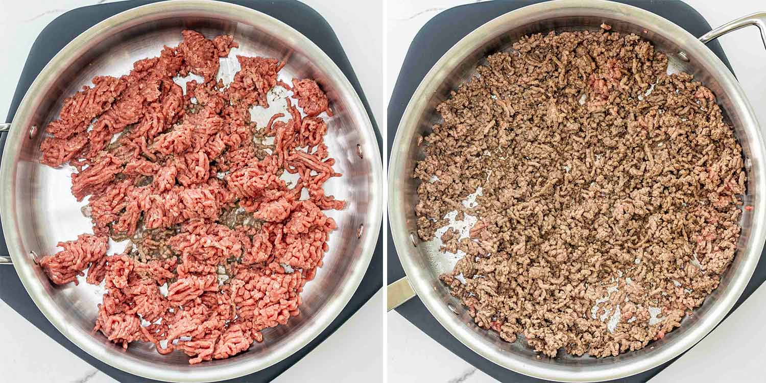 process shots showing how to make one pot beef ragu pasta.