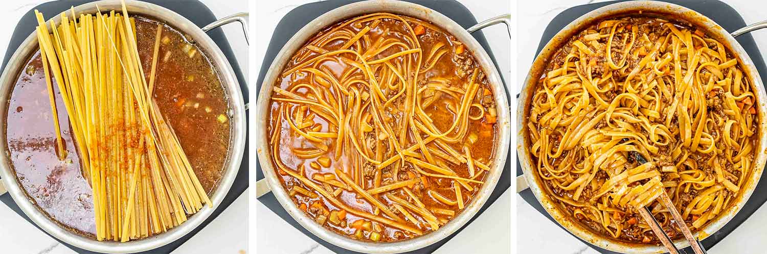 process shots showing how to make one pot beef ragu pasta.