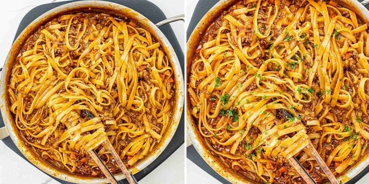 process shots showing how to make one pot beef ragu pasta.