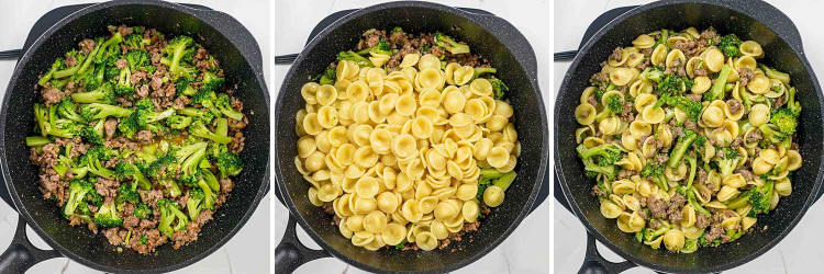 process shots showing how to make orecchiette with sausage and broccoli.