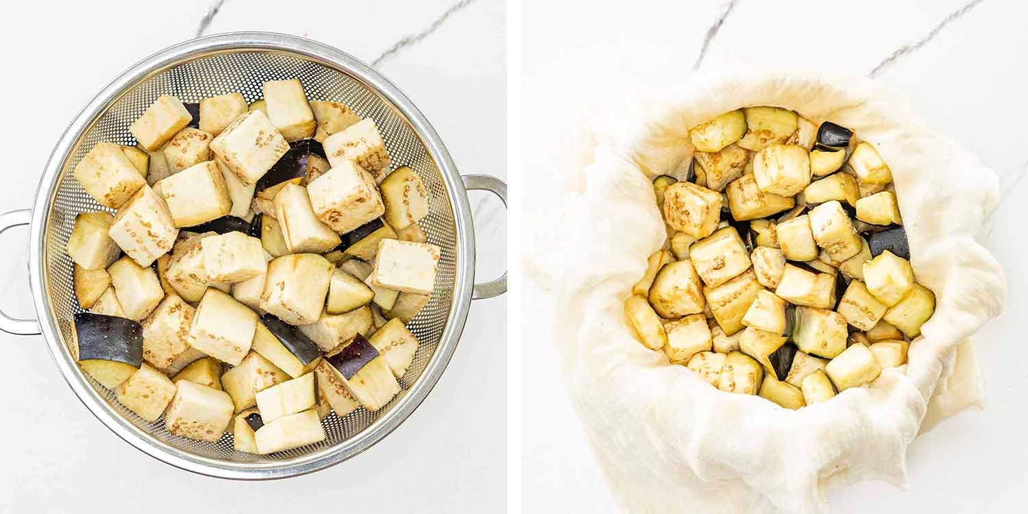 process shots showing how to make pasta alla norma.