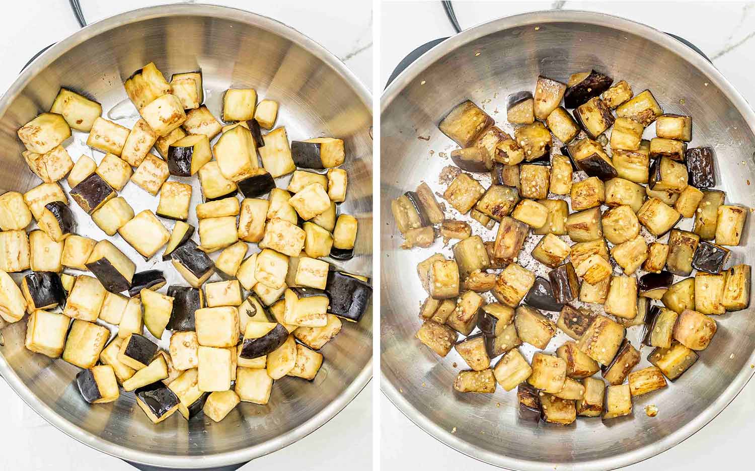 process shots showing how to make pasta alla norma.