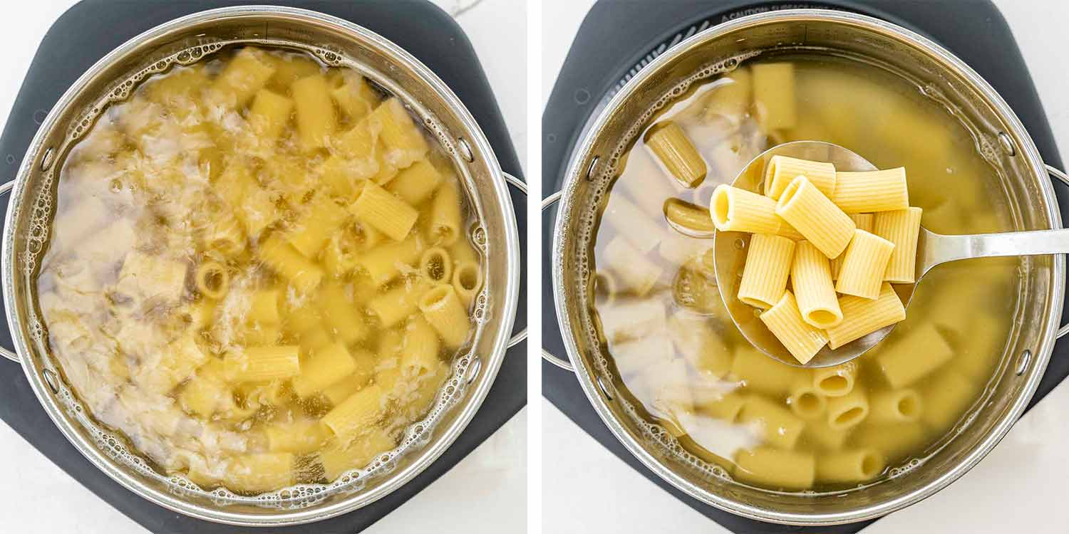 process shots showing how to make pasta alla norma.