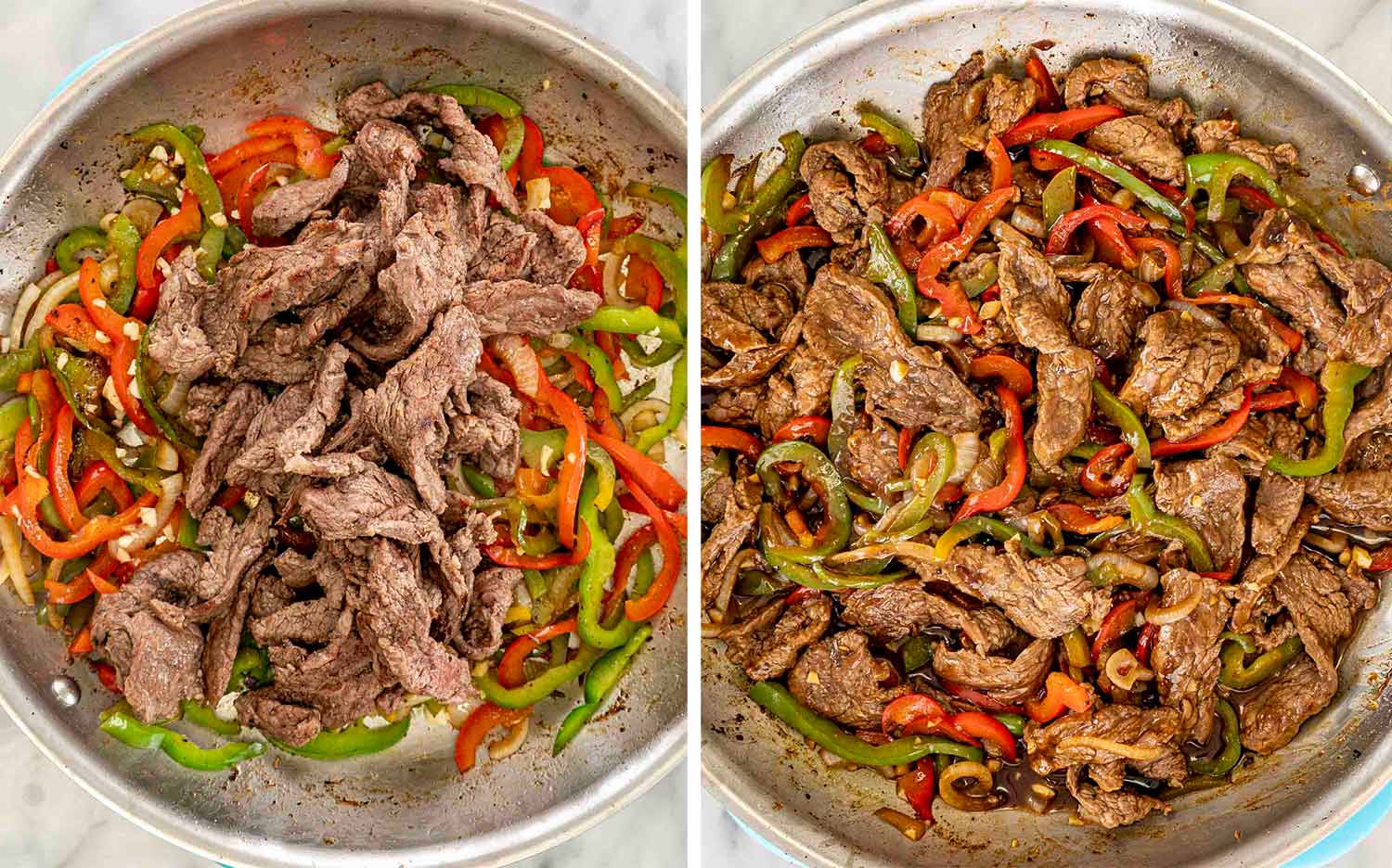process shots showing how to make pepper steak.