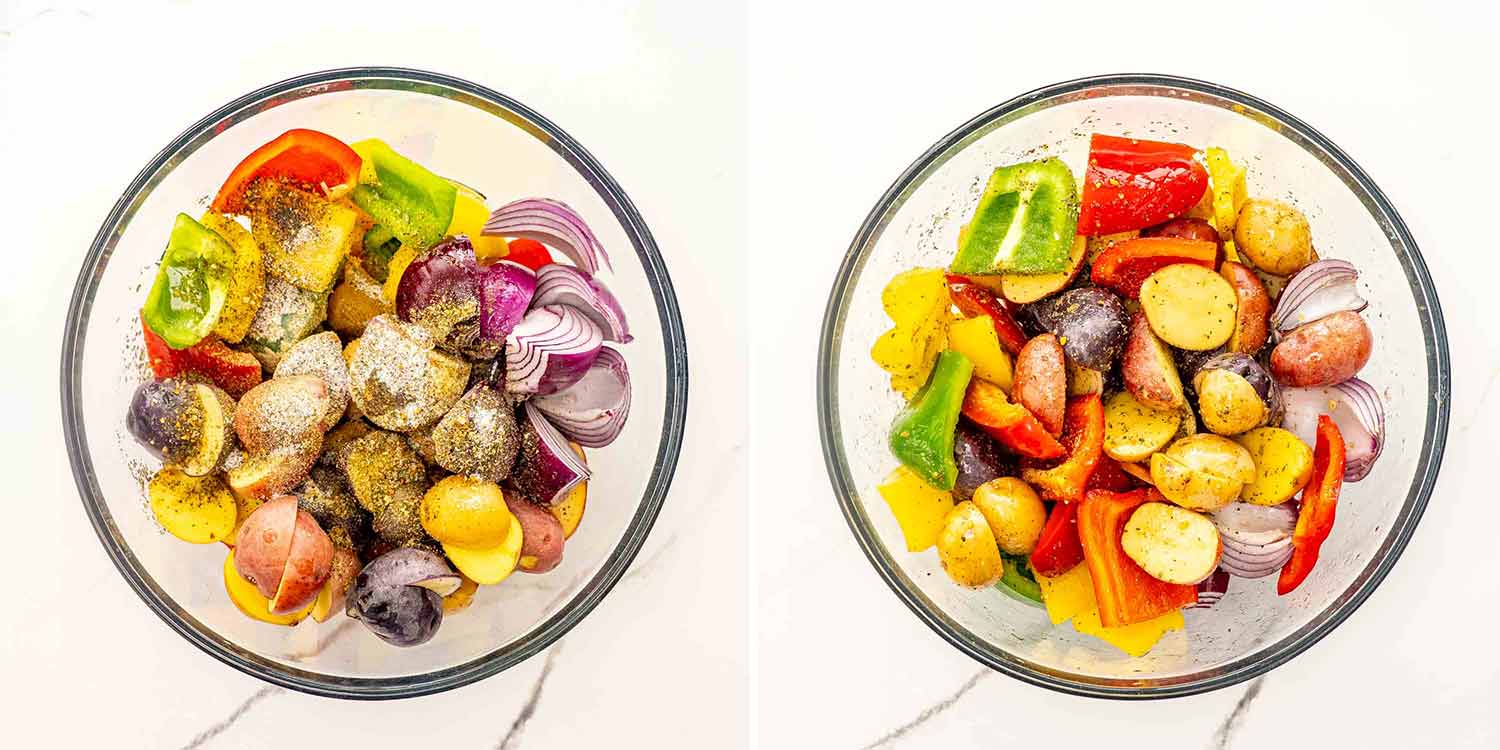 process shots showing how to make sausage and potato sheet pan dinner.