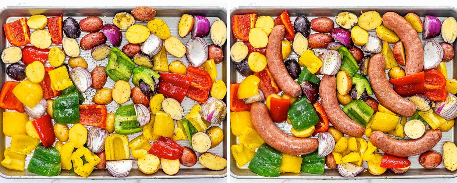 process shots showing how to make sausage and potato sheet pan dinner.