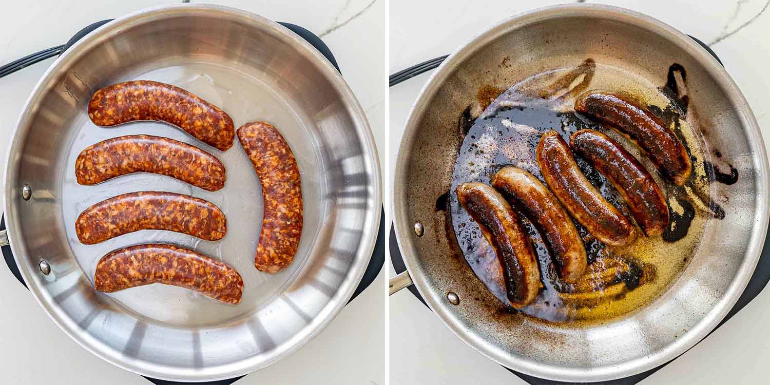 process shots showing how to make sausage peppers and onions.