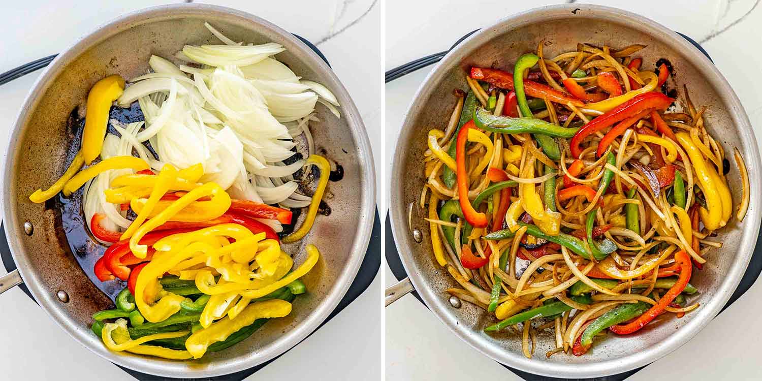 process shots showing how to make sausage peppers and onions.