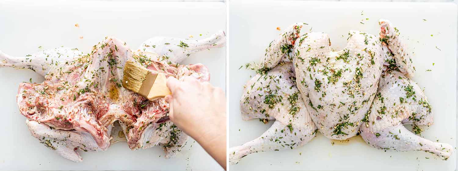 process shots showing how to spatchcock a turkey.